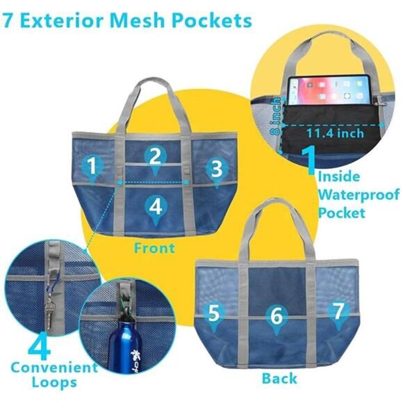 Mesh Beach Bag Family - Beach Tote 9 Pockets Beach Towel Bag - Picture 4 of 7
